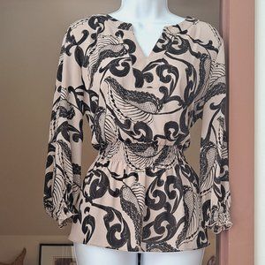 NWOT ALFANI Petite Fitted Black & Tan Blouse Feathers Ruched Elasticated Waist